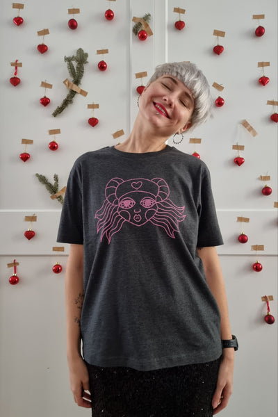 Baby Pink Print on Dark Grey Melange Organic Cotton Unisex T shirt "Heroine" Lāčplēsene