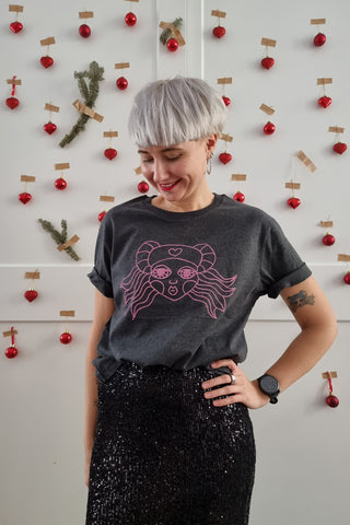 Baby Pink Print on Dark Grey Melange Organic Cotton Unisex T shirt "Heroine" Lāčplēsene