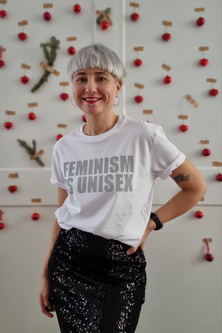 Feminism is Unisex - White Organic Unisex Tshirt with Light Grey Print