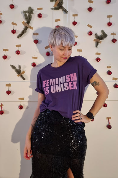 Feminism is Unisex - Plum Purple Organic Oversized Unisex Tshirt with Unicorn Grafient Print