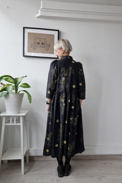 Puff Shoulder Handprinted One of A Kind Black Button Up Shirt Dress with Puff Sleeves in 100% Linen Fabric