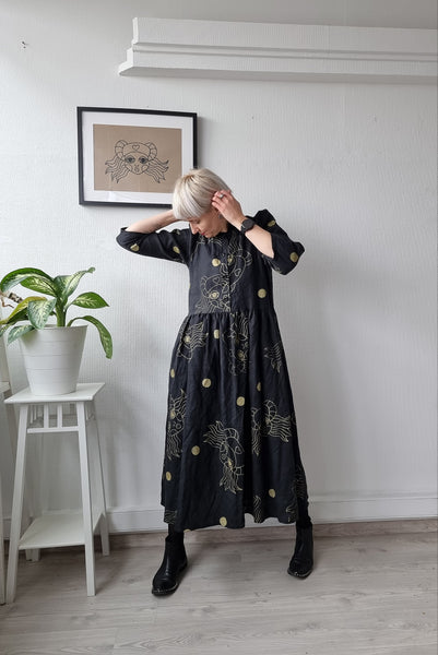 Puff Shoulder Handprinted One of A Kind Black Button Up Shirt Dress with Puff Sleeves in 100% Linen Fabric