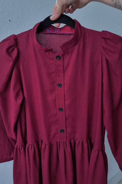 Puff Shoulder One of A Kind Bordeaux Button Up Shirt Dress in Linen Blend Fabric