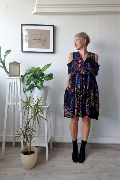 Oversized Black Linen Dress with Handprinted Original Drawings for every occasion of your life. Black Mini Dress for Every Season.