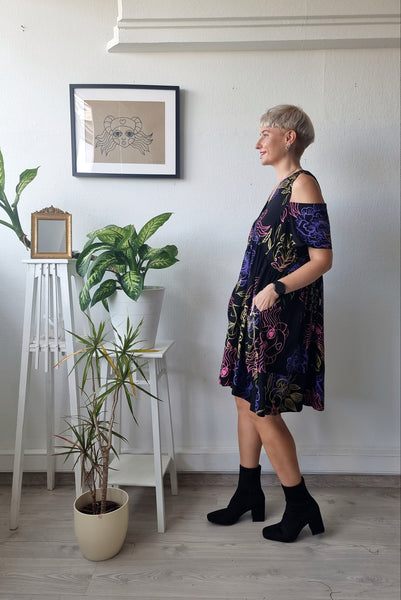 Oversized Black Linen Dress with Handprinted Original Drawings for every occasion of your life. Black Mini Dress for Every Season.