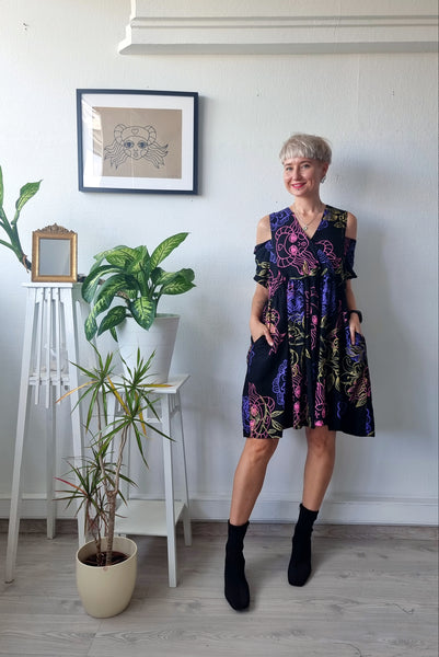 Oversized Black Linen Dress with Handprinted Original Drawings for every occasion of your life. Black Mini Dress for Every Season.