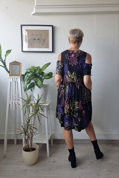 Oversized Black Linen Dress with Handprinted Original Drawings for every occasion of your life. Black Mini Dress for Every Season.