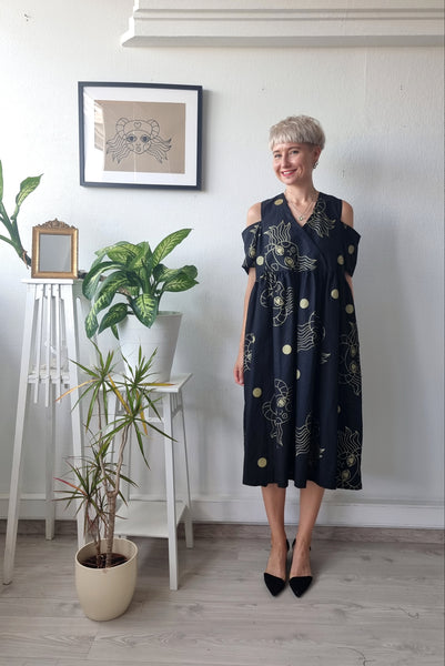Oversized and Versetile Black Linen Blend Dress for Everyday and Festive Events with Original Handprinted Pattern