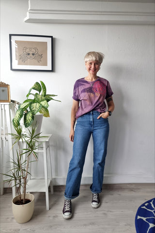 Hand Dyed Purple Organic Cotton Unisex T shirt with Handprinted Bronze and Magenta Pink Print "Heroine" Lāčplēsene and Flower