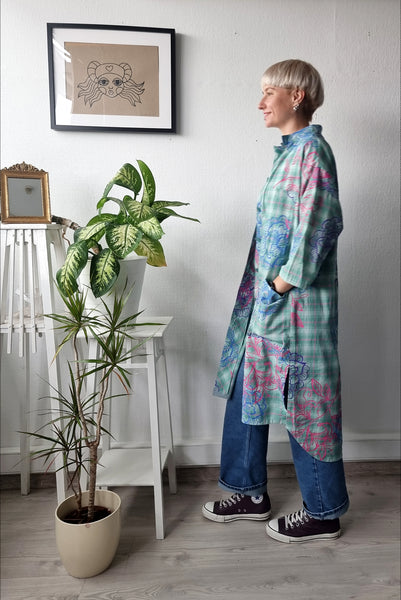 Handprinted Original Pattern Light Cotton Versetile Button Up Shirt Dress - All Seasons, All Occasions