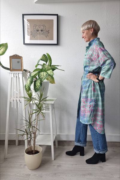 Handprinted Original Pattern Light Cotton Versetile Button Up Shirt Dress - All Seasons, All Occasions