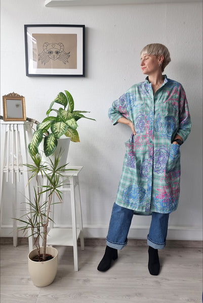 Handprinted Original Pattern Light Cotton Versetile Button Up Shirt Dress - All Seasons, All Occasions