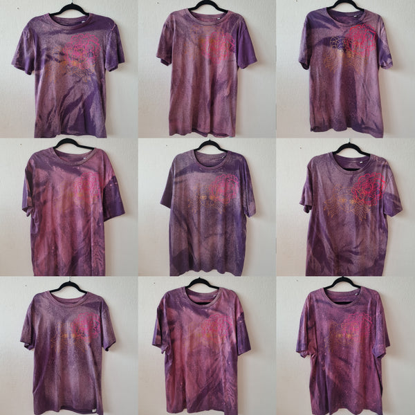 Hand Dyed Purple Organic Cotton Unisex T shirt with Handprinted Bronze and Magenta Pink Print "Heroine" Lāčplēsene and Flower