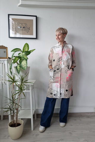 Handprinted Original Pattern Linen Versetile Button Up Shirt Dress Money Makes Me Romantic - All Seasons, All Occasions