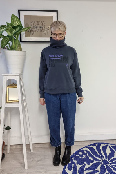 Unisex sweater More Myself Than Yesterdays Self: Dark grey +Black and Purple print Organic cotton