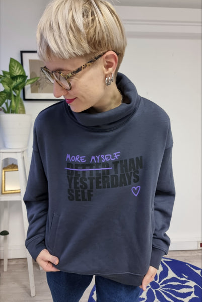 Unisex sweater More Myself Than Yesterdays Self: Dark grey +Black and Purple print Organic cotton