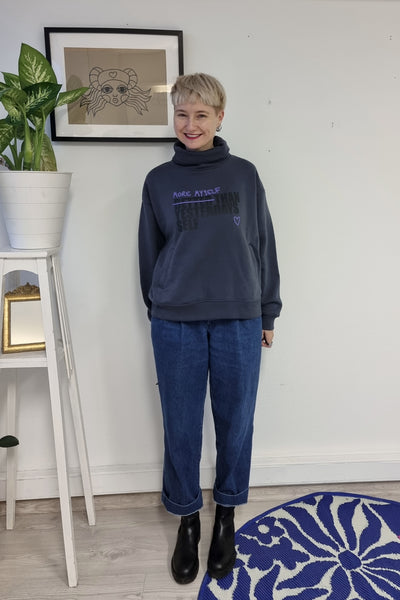 Unisex sweater More Myself Than Yesterdays Self: Dark grey +Black and Purple print Organic cotton