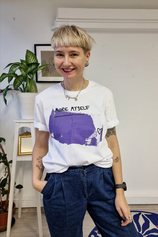 White Organic Cotton Unisex T-shirt with Handprinted Black and Purple More Myeself with one of a kind Purple smudge
