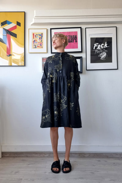 Size S/M Fun and versatile Black Short Linen Shirt dress With Original Handprinted Pattern