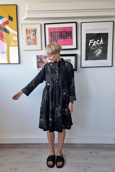 Size S/M Fun and versatile Black Short Linen Shirt dress With Original Handprinted Pattern