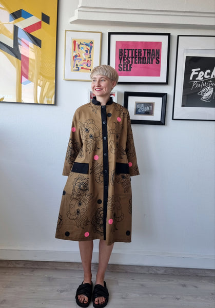 One of a Kind Coat Dress in Dark Sand Beige With Black and Pink Print