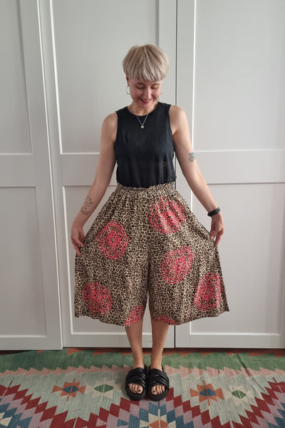 Leopard print Cotton and Viscose Summer Culottes with Handprinted Neon Pink Peonie Flower Pattern. Perfect for Active Beauty Loving Woman
