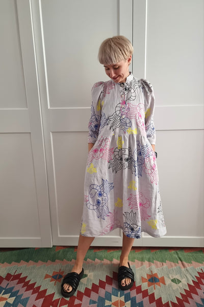Puff Shoulder Handprinted One of A Kind Light Grey Button Up Shirt Dress with Puff Sleeves in Linen Fabric