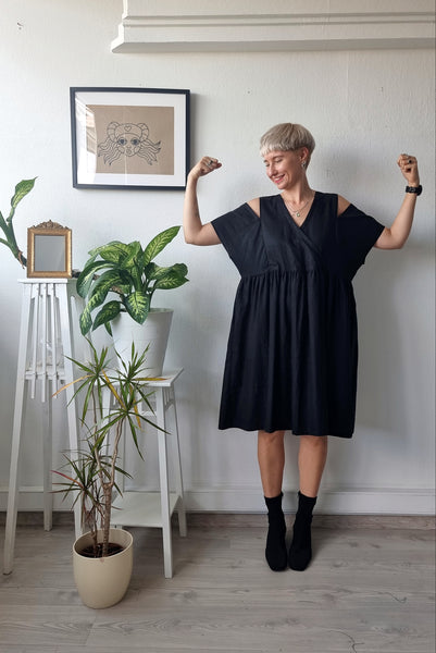 Oversized Black Linen-blend Dress for every occasion of your life. Black Mini Dress for Every Season.