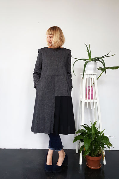 Winter Dress from Heavy Cotton Fine Checked Fabric and Black Asymetrical Pleated Detail
