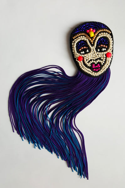 Colorful Rigoletto Inspired Mask Brooch with Long Blue and Purple Fringe