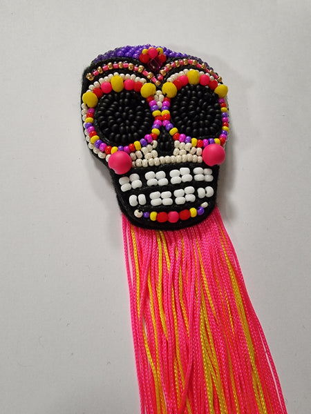 Pink and Yellow Super Fun Small Sugarskull brooch with fringe