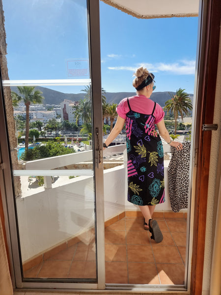 One of a Kind Bright Red Spagetti strap linen blend dress with special handprinted original design fabric pattern and large pockets