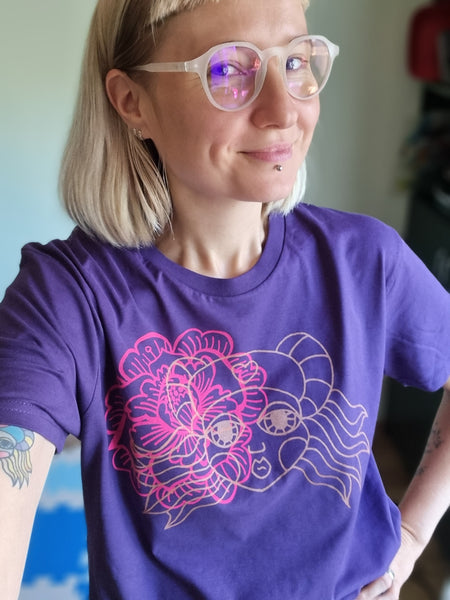 Purple Organic Cotton Unisex T shirt with Handprinted Bronze and Magenta Pink Print "Heroine" Lāčplēsene and Flower