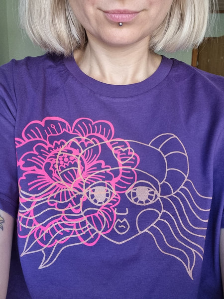 Purple Organic Cotton Unisex T shirt with Handprinted Bronze and Magenta Pink Print "Heroine" Lāčplēsene and Flower