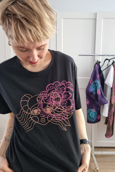 Only one Piece Size L Black Organic Cotton Unisex T shirt with Handprinted Bronze and Magenta Pink Print "Heroine" Lāčplēsene and Flower
