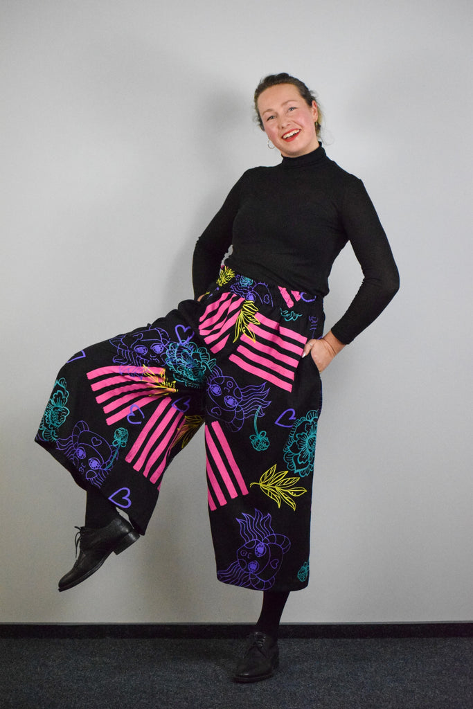 One of A Lind Black Linen Blend Wide Statement Japanese Inspired Minimalist Culottes with Handprited Original Colorful Statement Print in 4/5 Lenght