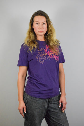 Purple Organic Cotton Unisex T shirt with Handprinted Bronze and Magenta Pink Print "Heroine" Lāčplēsene and Flower
