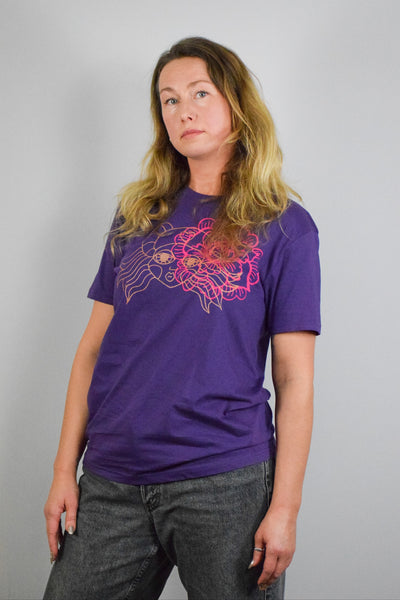 Purple Organic Cotton Unisex T shirt with Handprinted Bronze and Magenta Pink Print "Heroine" Lāčplēsene and Flower