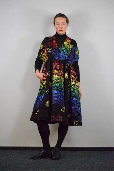 Oversized and Versetile Black Linen Blend Dress for Everyday and Festive Events with Original Handprinted Pattern