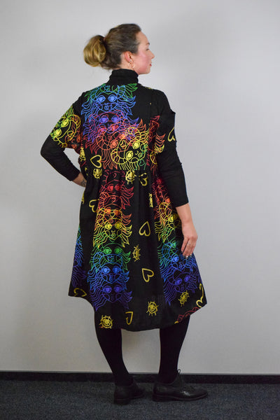 Oversized and Versetile Black Linen Blend Dress for Everyday and Festive Events with Original Handprinted Pattern