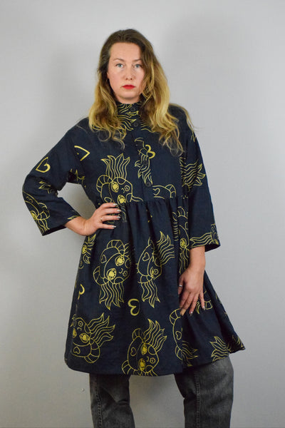 Size S/M Fun and versatile Black Short Linen Shirt dress With Original Handprinted Pattern