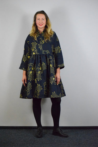 Size S/M Fun and versatile Black Short Linen Shirt dress With Original Handprinted Pattern