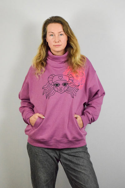 Unisex sweater Flower and The Heroine/ Lāčplēsene: Mauve +Pink and Blue print Organic cotton Warm Sweatshirt with Pockets and High Neck