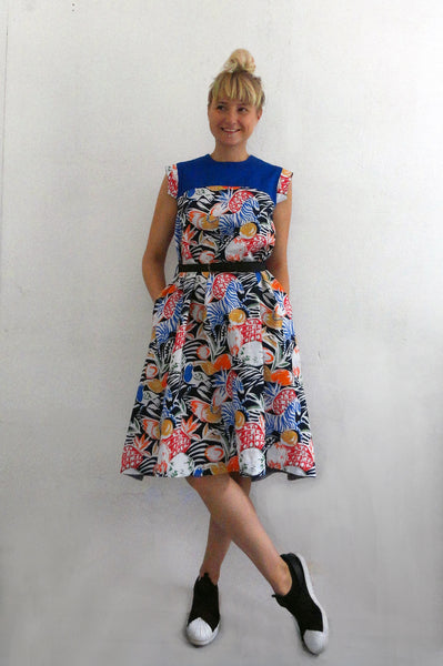 Short Sleeve Jungle Print Summer Linen Dress with Indigo Details
