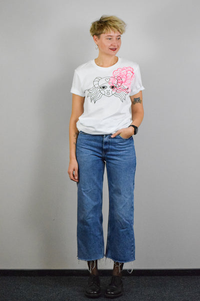 White Organic Cotton Unisex T shirt eith Handprinted Black and Magenta Pink Print "Heroine" Lāčplēsene and Flower