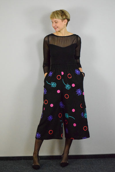 Scandinavian Design Inspired Handprinted Pattern Black Linen Blend Wide Statement Japanese Style Minimalist Culottes in 4/5 Lenght and Cargo Pockets