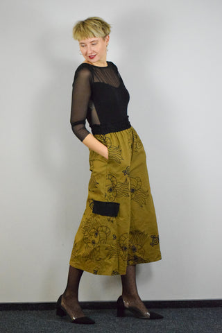 Handprinted Lāčplēsene Pattern Camel Linen Blend Wide Statement Japanese Style Minimalist Culottes in 4/5 Lenght and Cargo Pockets