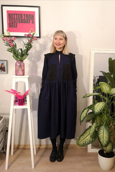 Navy Blue Versatile Cotton Shirt Dress with Wide Skirt Part and Pockets