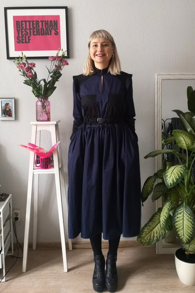 Navy Blue Versatile Cotton Shirt Dress with Wide Skirt Part and Pockets