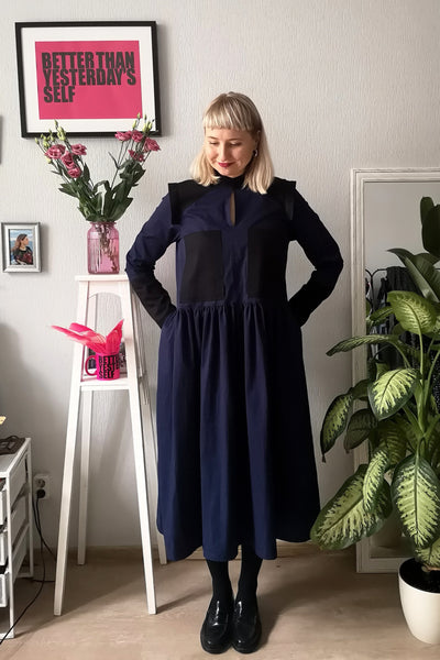 Navy Blue Versatile Cotton Shirt Dress with Wide Skirt Part and Pockets